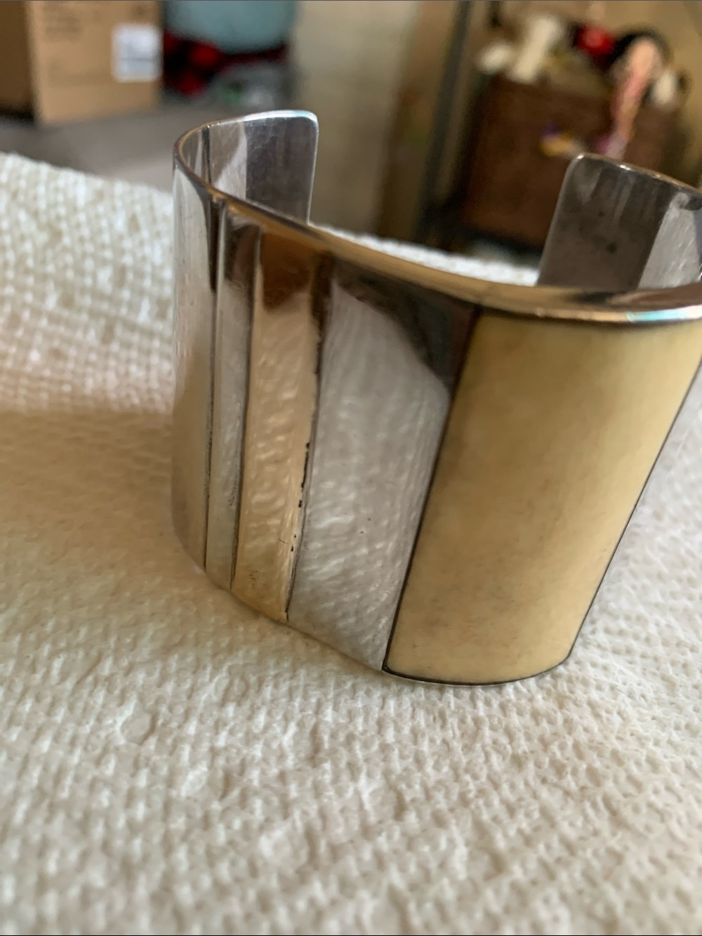 Heavy sterling silver and 14 kt cuff. Bone inlay Accent.